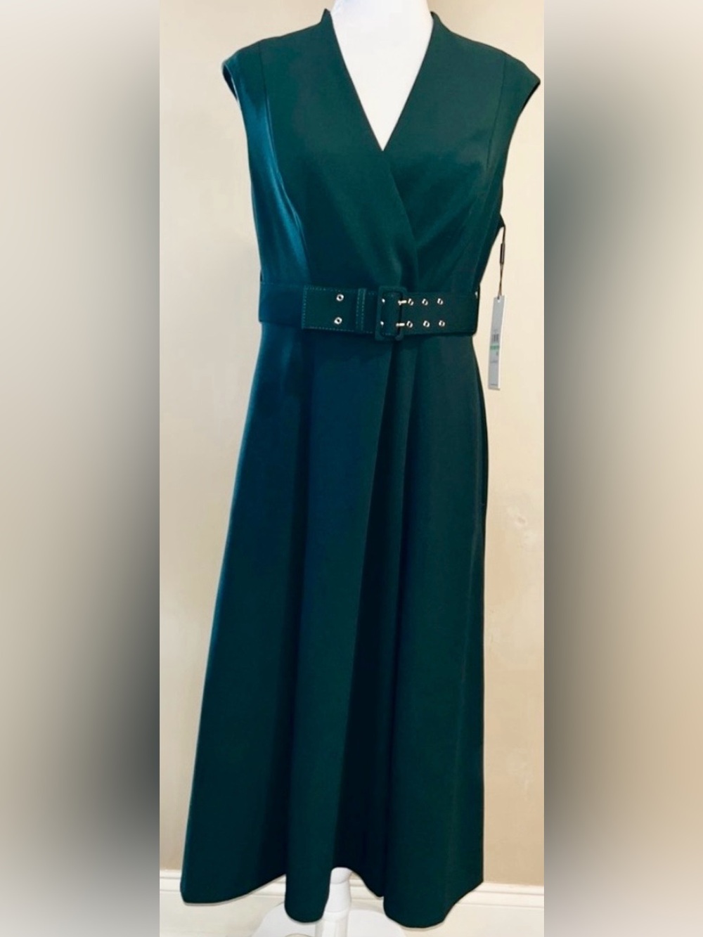 Calvin Klein Deep Green V-Neck Belted Midi Dress